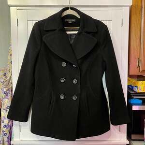 Preston & York Women's Classic Black Double Breasted Wool Blend Peacoat